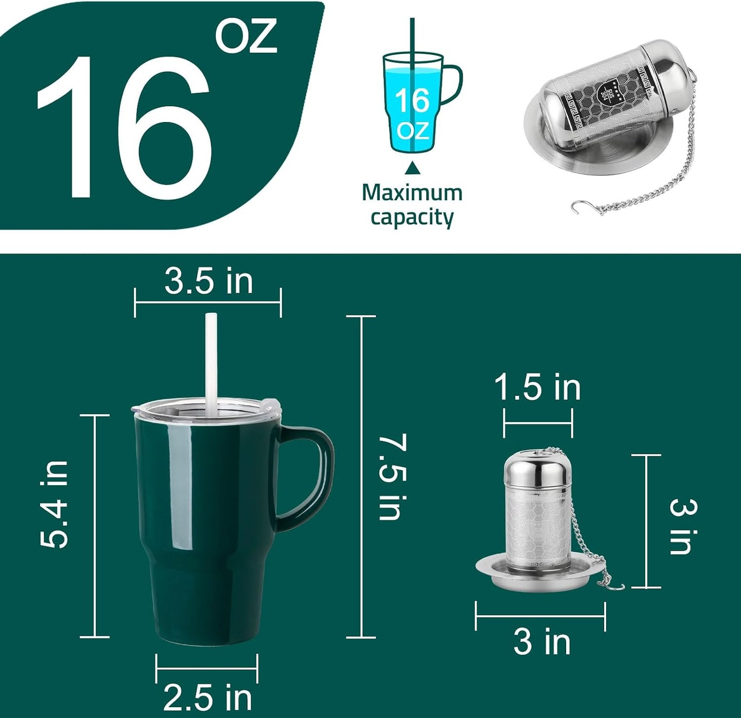 Sweejar Ceramic Tea Cup with Lid, 16 OZ Portable Coffee Mug, Dishwasher Safe Travel Mug with Infuser, Reusable Teacup for Car Cup Holder, Tea Lovers(White)