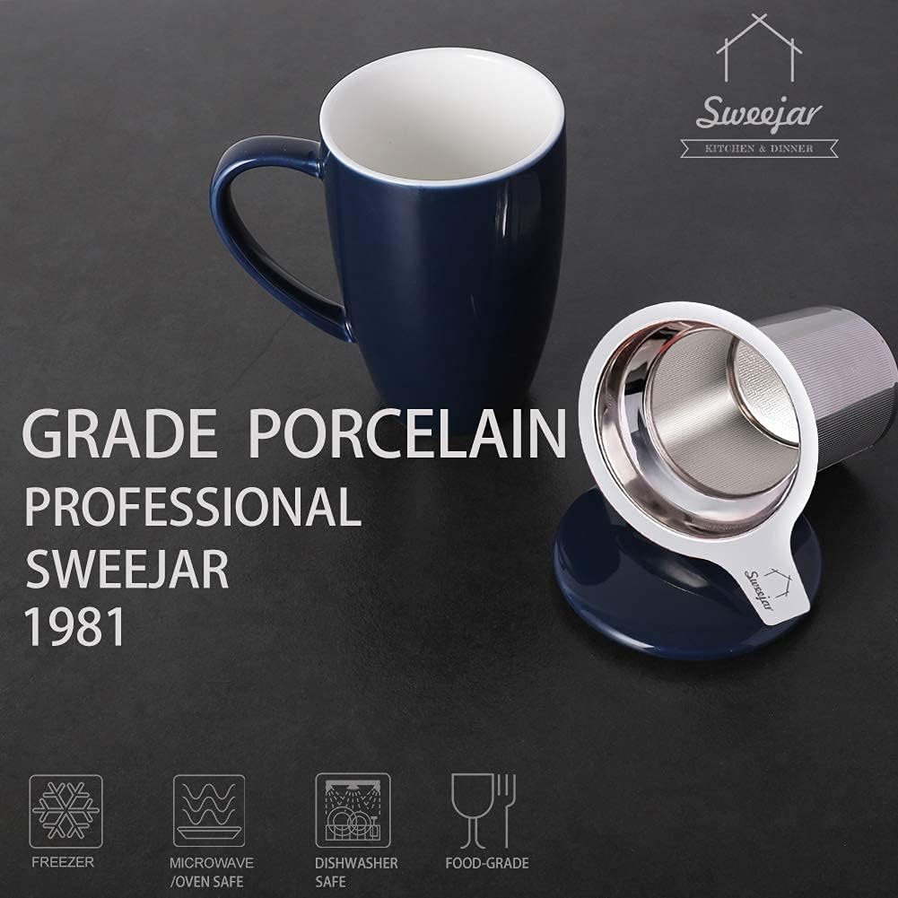Sweejar Ceramic Tea Cup with Lid, 16 OZ Portable Coffee Mug, Dishwasher Safe Travel Mug with Infuser, Reusable Teacup for Car Cup Holder, Tea Lovers(White)