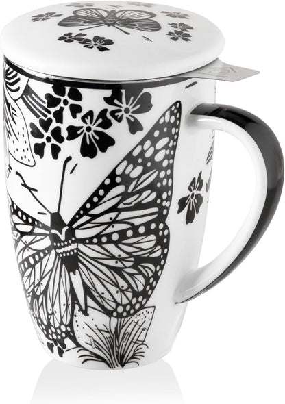 Sweejar Ceramic Tea Cup with Lid, 16 OZ Portable Coffee Mug, Dishwasher Safe Travel Mug with Infuser, Reusable Teacup for Car Cup Holder, Tea Lovers(White)