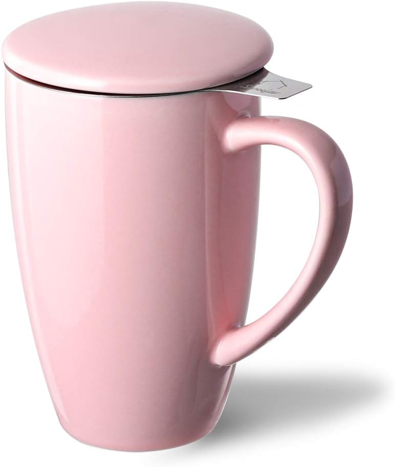 Sweejar Ceramic Tea Cup with Lid, 16 OZ Portable Coffee Mug, Dishwasher Safe Travel Mug with Infuser, Reusable Teacup for Car Cup Holder, Tea Lovers(White)