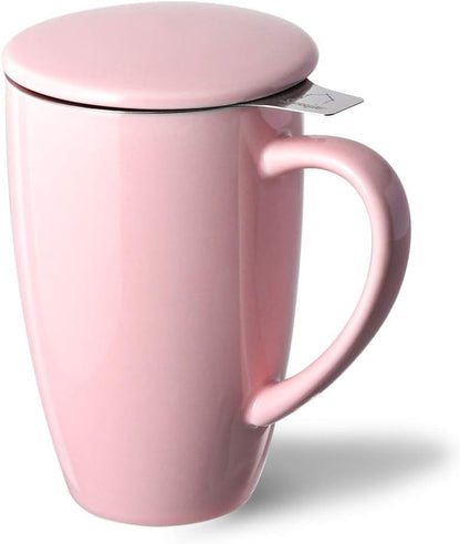 Sweejar Ceramic Tea Cup with Lid, 16 OZ Portable Coffee Mug, Dishwasher Safe Travel Mug with Infuser, Reusable Teacup for Car Cup Holder, Tea Lovers(White)