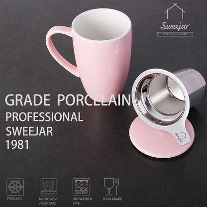 Sweejar Ceramic Tea Cup with Lid, 16 OZ Portable Coffee Mug, Dishwasher Safe Travel Mug with Infuser, Reusable Teacup for Car Cup Holder, Tea Lovers(White)