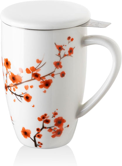 Sweejar Ceramic Tea Cup with Lid, 16 OZ Portable Coffee Mug, Dishwasher Safe Travel Mug with Infuser, Reusable Teacup for Car Cup Holder, Tea Lovers(White)
