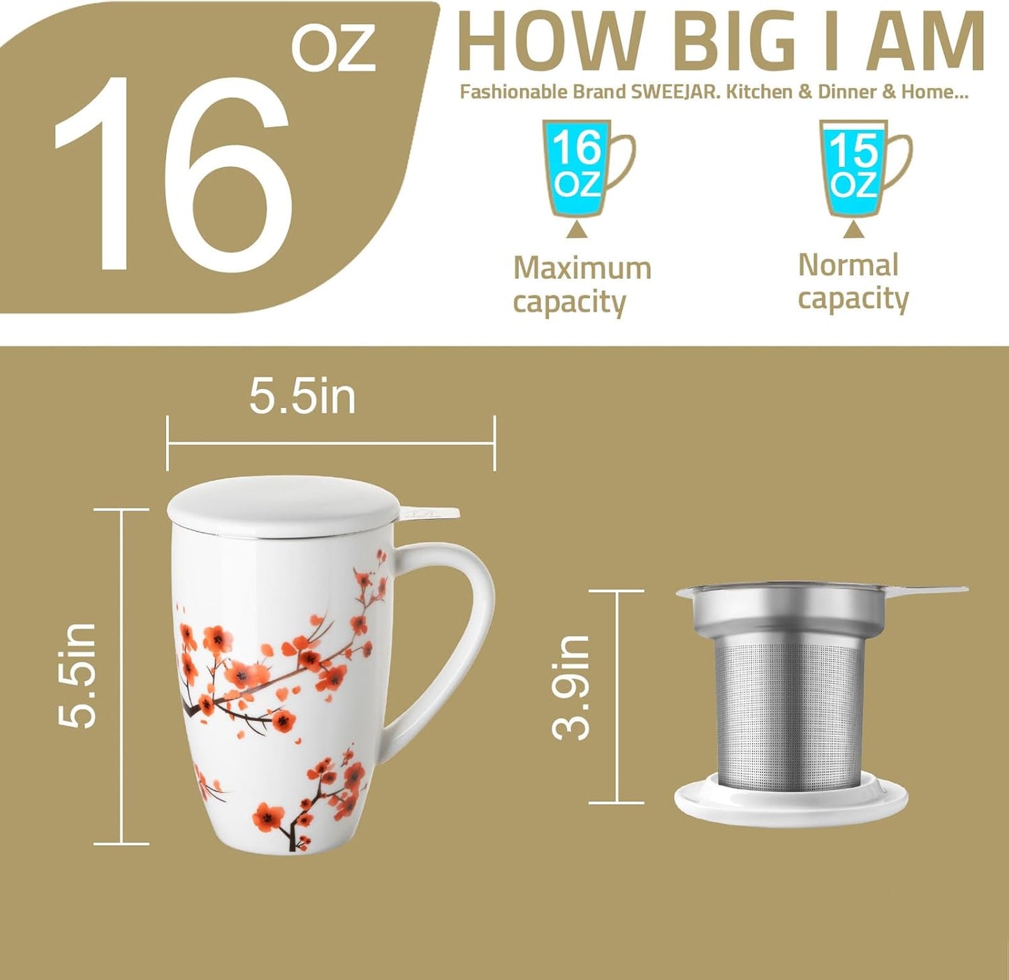 Sweejar Ceramic Tea Cup with Lid, 16 OZ Portable Coffee Mug, Dishwasher Safe Travel Mug with Infuser, Reusable Teacup for Car Cup Holder, Tea Lovers(White)