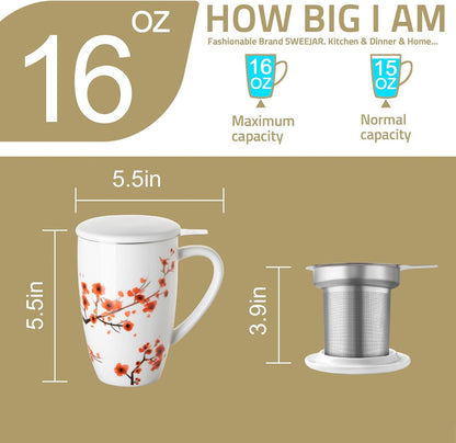 Sweejar Ceramic Tea Cup with Lid, 16 OZ Portable Coffee Mug, Dishwasher Safe Travel Mug with Infuser, Reusable Teacup for Car Cup Holder, Tea Lovers(White)