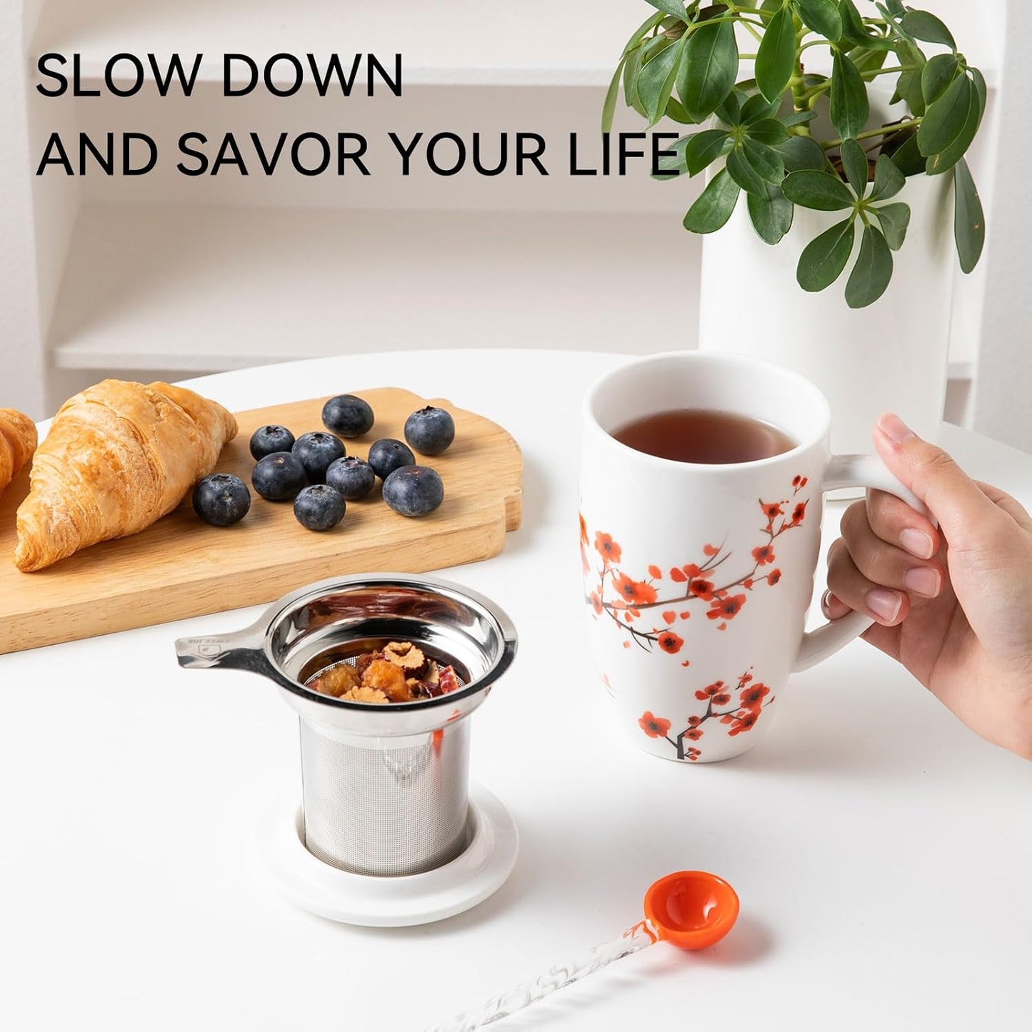 Sweejar Ceramic Tea Cup with Lid, 16 OZ Portable Coffee Mug, Dishwasher Safe Travel Mug with Infuser, Reusable Teacup for Car Cup Holder, Tea Lovers(White)