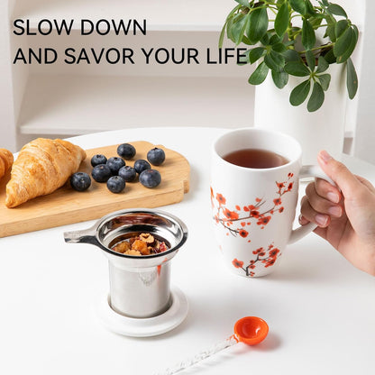 Sweejar Ceramic Tea Cup with Lid, 16 OZ Portable Coffee Mug, Dishwasher Safe Travel Mug with Infuser, Reusable Teacup for Car Cup Holder, Tea Lovers(White)