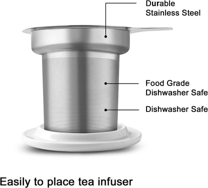 Sweejar Ceramic Tea Cup with Lid, 16 OZ Portable Coffee Mug, Dishwasher Safe Travel Mug with Infuser, Reusable Teacup for Car Cup Holder, Tea Lovers(White)