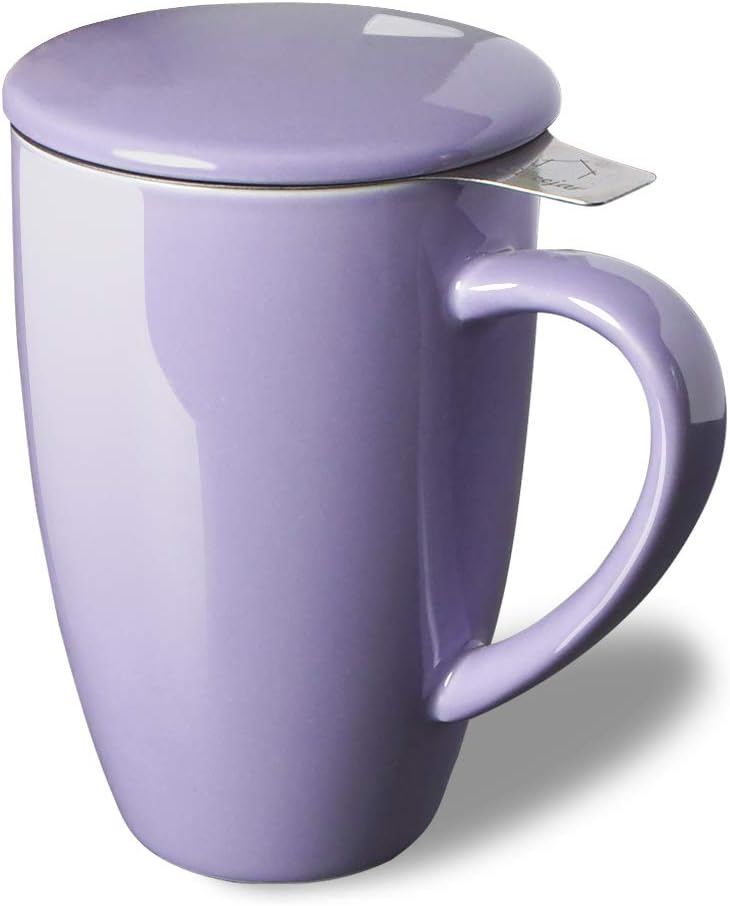 Sweejar Ceramic Tea Cup with Lid, 16 OZ Portable Coffee Mug, Dishwasher Safe Travel Mug with Infuser, Reusable Teacup for Car Cup Holder, Tea Lovers(White)