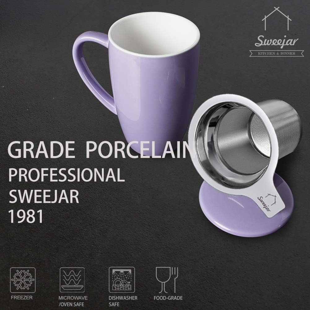 Sweejar Ceramic Tea Cup with Lid, 16 OZ Portable Coffee Mug, Dishwasher Safe Travel Mug with Infuser, Reusable Teacup for Car Cup Holder, Tea Lovers(White)
