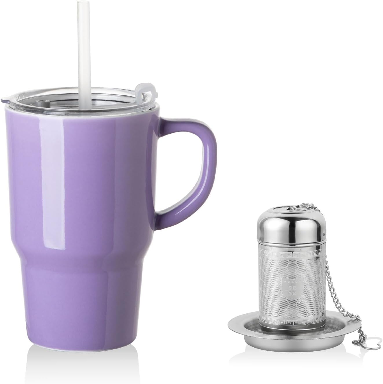 Sweejar Ceramic Tea Cup with Lid, 16 OZ Portable Coffee Mug, Dishwasher Safe Travel Mug with Infuser, Reusable Teacup for Car Cup Holder, Tea Lovers(White)