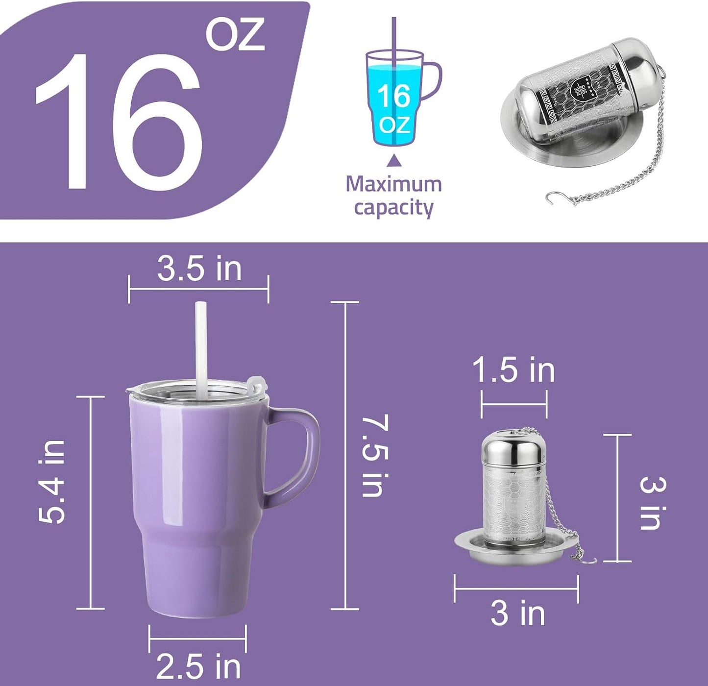 Sweejar Ceramic Tea Cup with Lid, 16 OZ Portable Coffee Mug, Dishwasher Safe Travel Mug with Infuser, Reusable Teacup for Car Cup Holder, Tea Lovers(White)