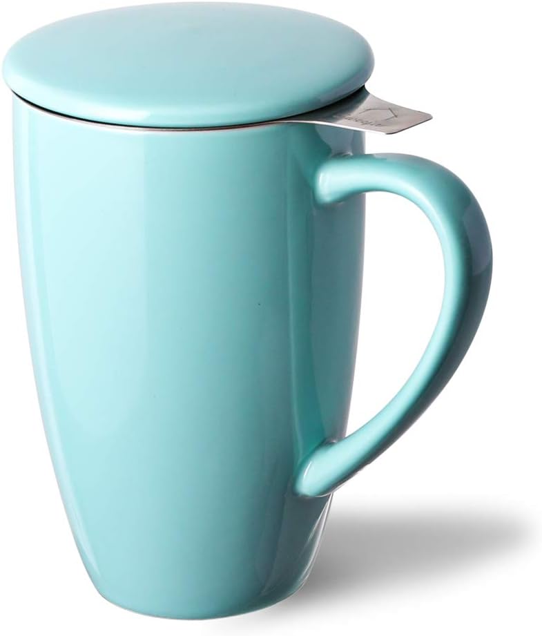 Sweejar Ceramic Tea Cup with Lid, 16 OZ Portable Coffee Mug, Dishwasher Safe Travel Mug with Infuser, Reusable Teacup for Car Cup Holder, Tea Lovers(White)