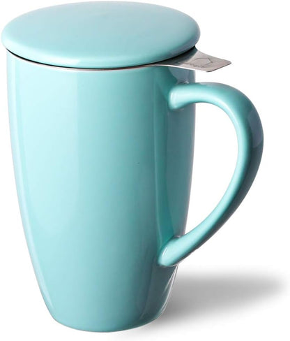 Sweejar Ceramic Tea Cup with Lid, 16 OZ Portable Coffee Mug, Dishwasher Safe Travel Mug with Infuser, Reusable Teacup for Car Cup Holder, Tea Lovers(White)