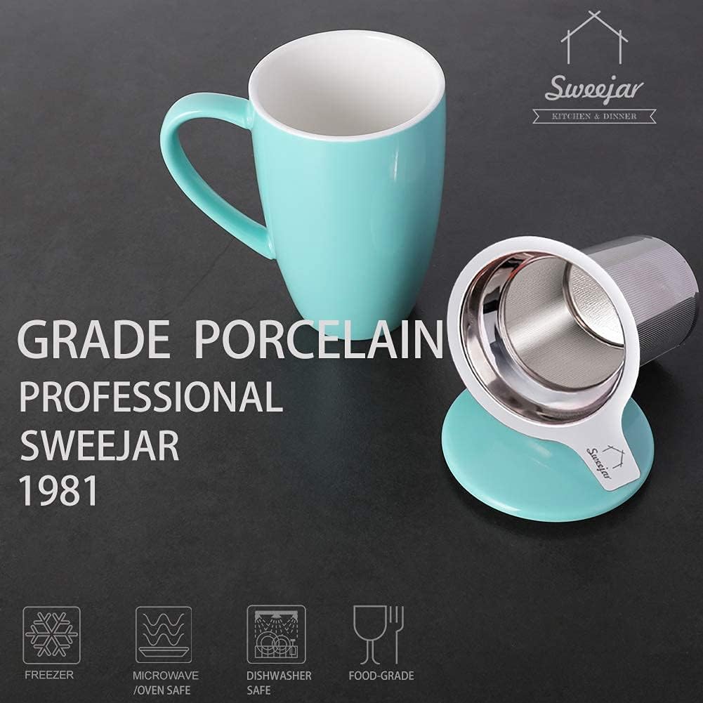 Sweejar Ceramic Tea Cup with Lid, 16 OZ Portable Coffee Mug, Dishwasher Safe Travel Mug with Infuser, Reusable Teacup for Car Cup Holder, Tea Lovers(White)