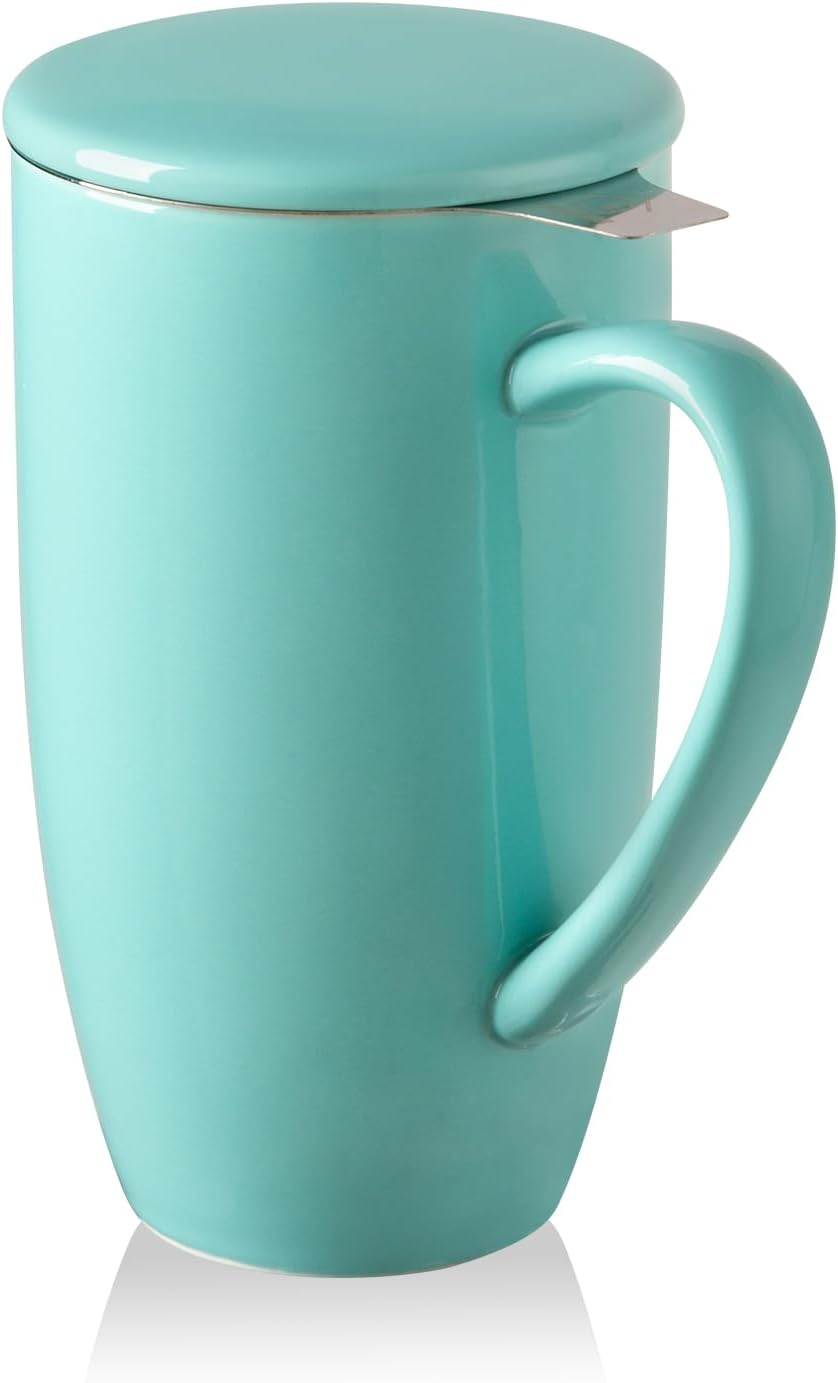Sweejar Ceramic Tea Cup with Lid, 16 OZ Portable Coffee Mug, Dishwasher Safe Travel Mug with Infuser, Reusable Teacup for Car Cup Holder, Tea Lovers(White)