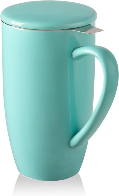 Sweejar Ceramic Tea Cup with Lid, 16 OZ Portable Coffee Mug, Dishwasher Safe Travel Mug with Infuser, Reusable Teacup for Car Cup Holder, Tea Lovers(White)