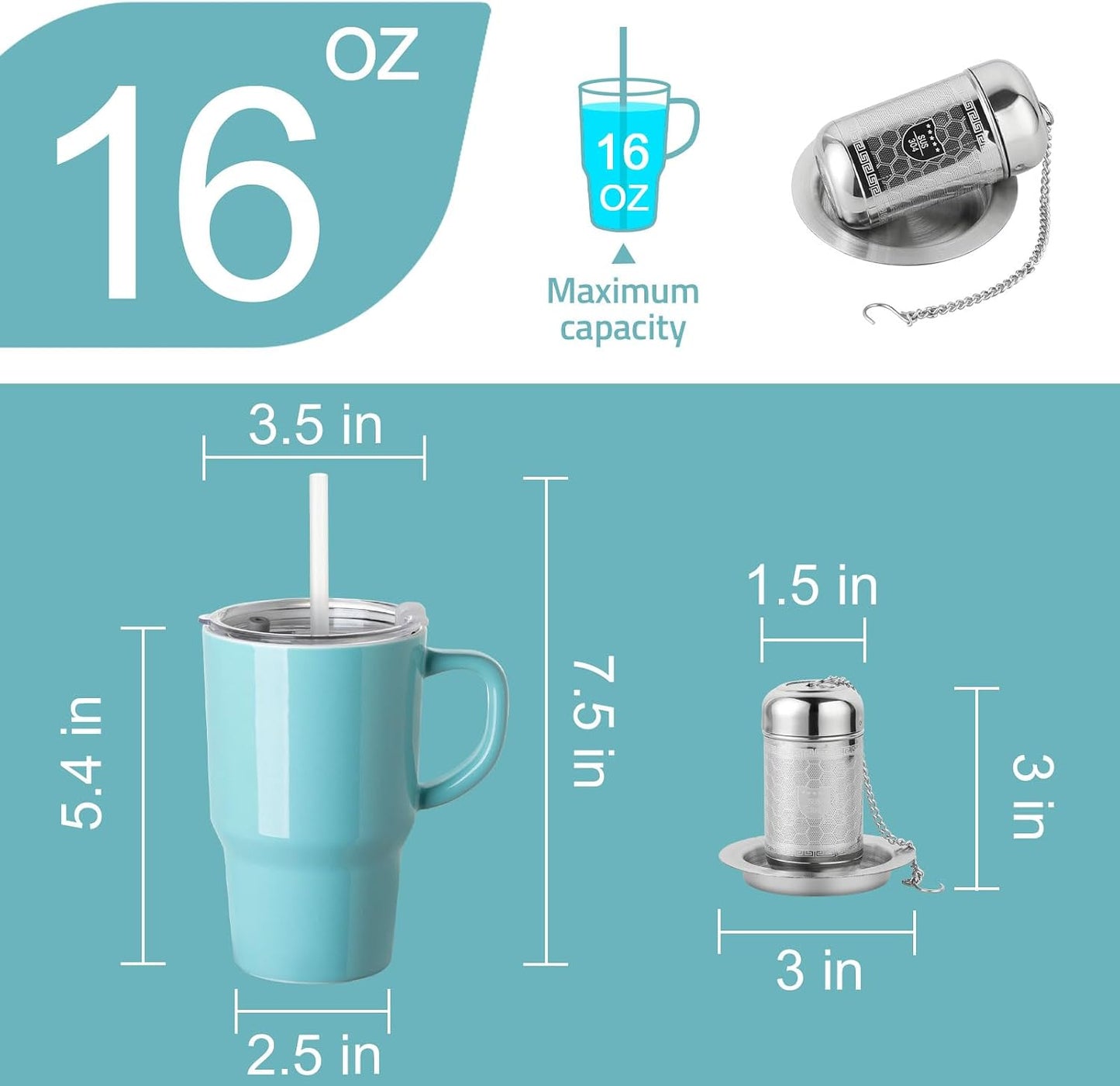 Sweejar Ceramic Tea Cup with Lid, 16 OZ Portable Coffee Mug, Dishwasher Safe Travel Mug with Infuser, Reusable Teacup for Car Cup Holder, Tea Lovers(White)