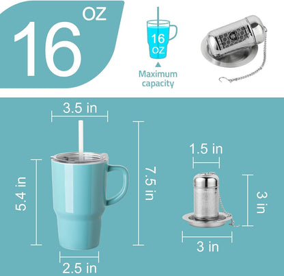 Sweejar Ceramic Tea Cup with Lid, 16 OZ Portable Coffee Mug, Dishwasher Safe Travel Mug with Infuser, Reusable Teacup for Car Cup Holder, Tea Lovers(White)