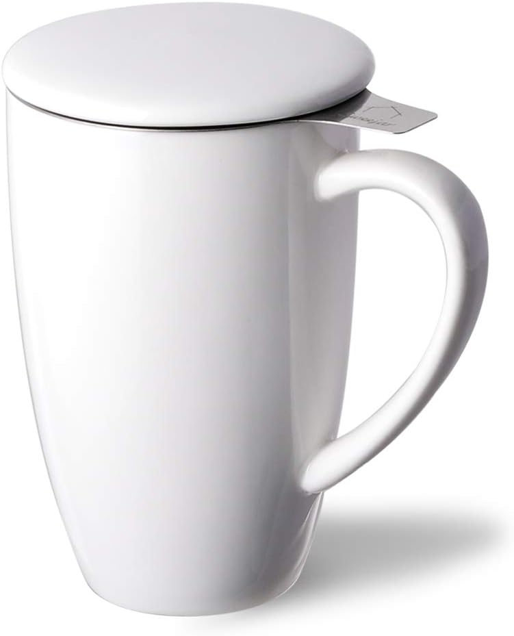 Sweejar Ceramic Tea Cup with Lid, 16 OZ Portable Coffee Mug, Dishwasher Safe Travel Mug with Infuser, Reusable Teacup for Car Cup Holder, Tea Lovers(White)