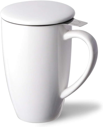 Sweejar Ceramic Tea Cup with Lid, 16 OZ Portable Coffee Mug, Dishwasher Safe Travel Mug with Infuser, Reusable Teacup for Car Cup Holder, Tea Lovers(White)