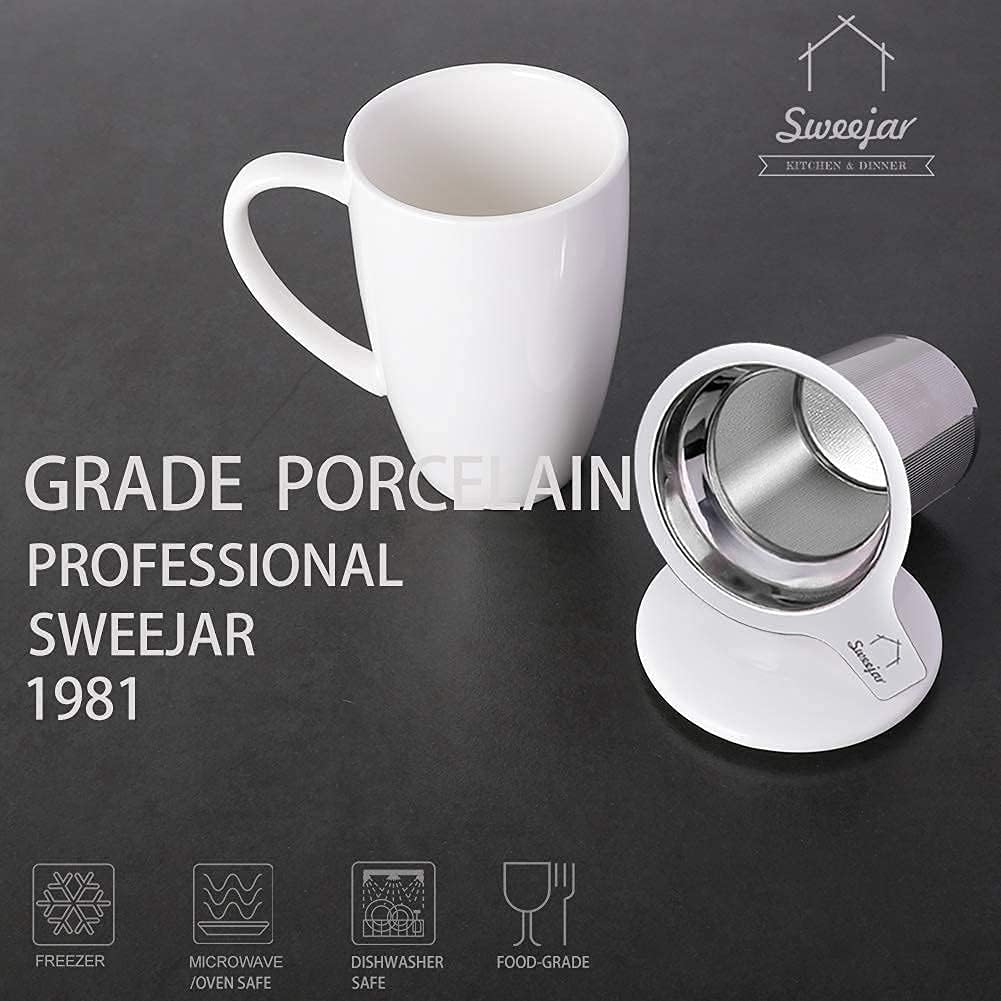 Sweejar Ceramic Tea Cup with Lid, 16 OZ Portable Coffee Mug, Dishwasher Safe Travel Mug with Infuser, Reusable Teacup for Car Cup Holder, Tea Lovers(White)