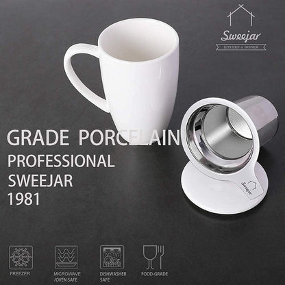 Sweejar Ceramic Tea Cup with Lid, 16 OZ Portable Coffee Mug, Dishwasher Safe Travel Mug with Infuser, Reusable Teacup for Car Cup Holder, Tea Lovers(White)