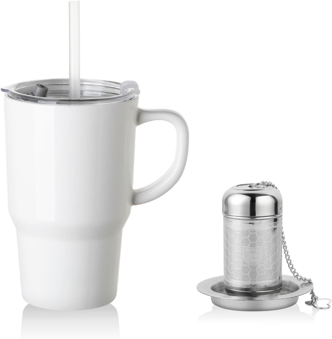 Sweejar Ceramic Tea Cup with Lid, 16 OZ Portable Coffee Mug, Dishwasher Safe Travel Mug with Infuser, Reusable Teacup for Car Cup Holder, Tea Lovers(White)