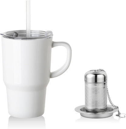 Sweejar Ceramic Tea Cup with Lid, 16 OZ Portable Coffee Mug, Dishwasher Safe Travel Mug with Infuser, Reusable Teacup for Car Cup Holder, Tea Lovers(White)