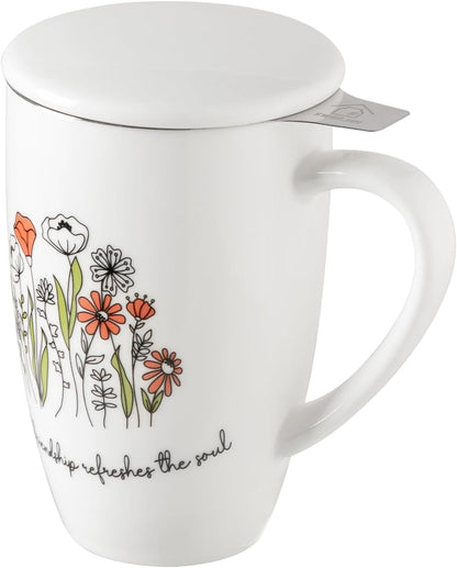 Sweejar Ceramic Tea Cup with Lid, 16 OZ Portable Coffee Mug, Dishwasher Safe Travel Mug with Infuser, Reusable Teacup for Car Cup Holder, Tea Lovers(White)