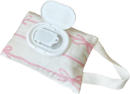 Baby Wipes Dispenser with Bow, Refillable Hanging Wet Wipe Pouch, Portable Diaper Wipe Holder for Travel, Car and Stroller Use (White)