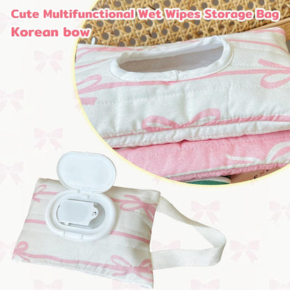 Baby Wipes Dispenser with Bow, Refillable Hanging Wet Wipe Pouch, Portable Diaper Wipe Holder for Travel, Car and Stroller Use (White)