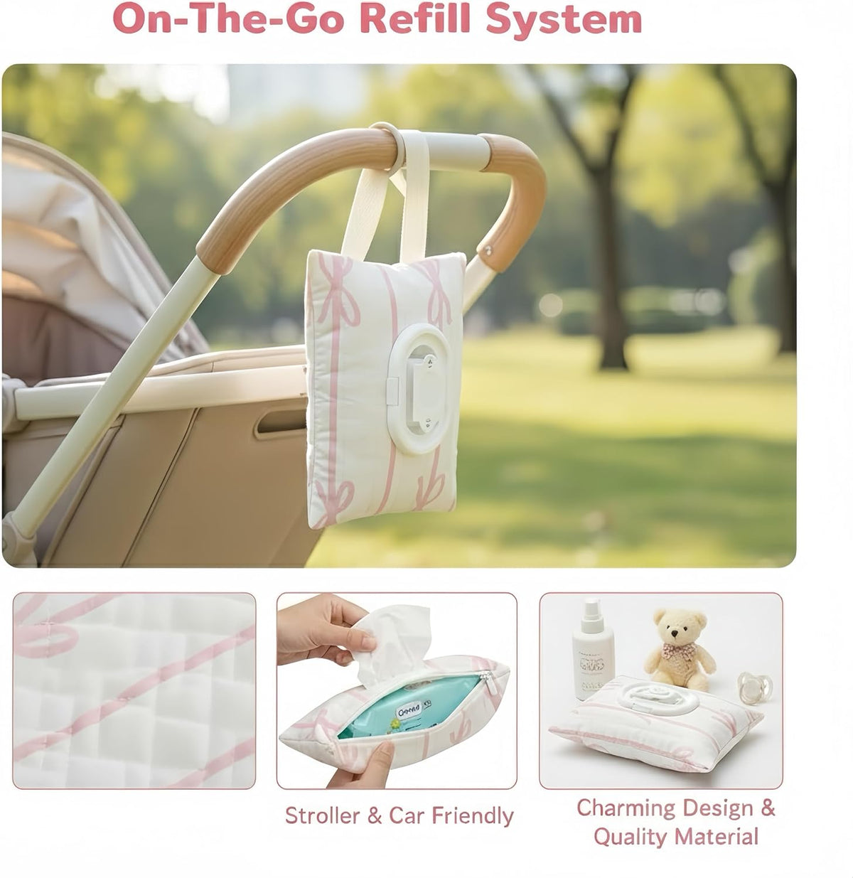Baby Wipes Dispenser with Bow, Refillable Hanging Wet Wipe Pouch, Portable Diaper Wipe Holder for Travel, Car and Stroller Use (White)