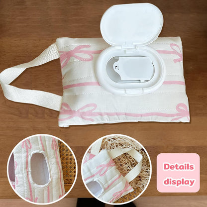 Baby Wipes Dispenser with Bow, Refillable Hanging Wet Wipe Pouch, Portable Diaper Wipe Holder for Travel, Car and Stroller Use (White)