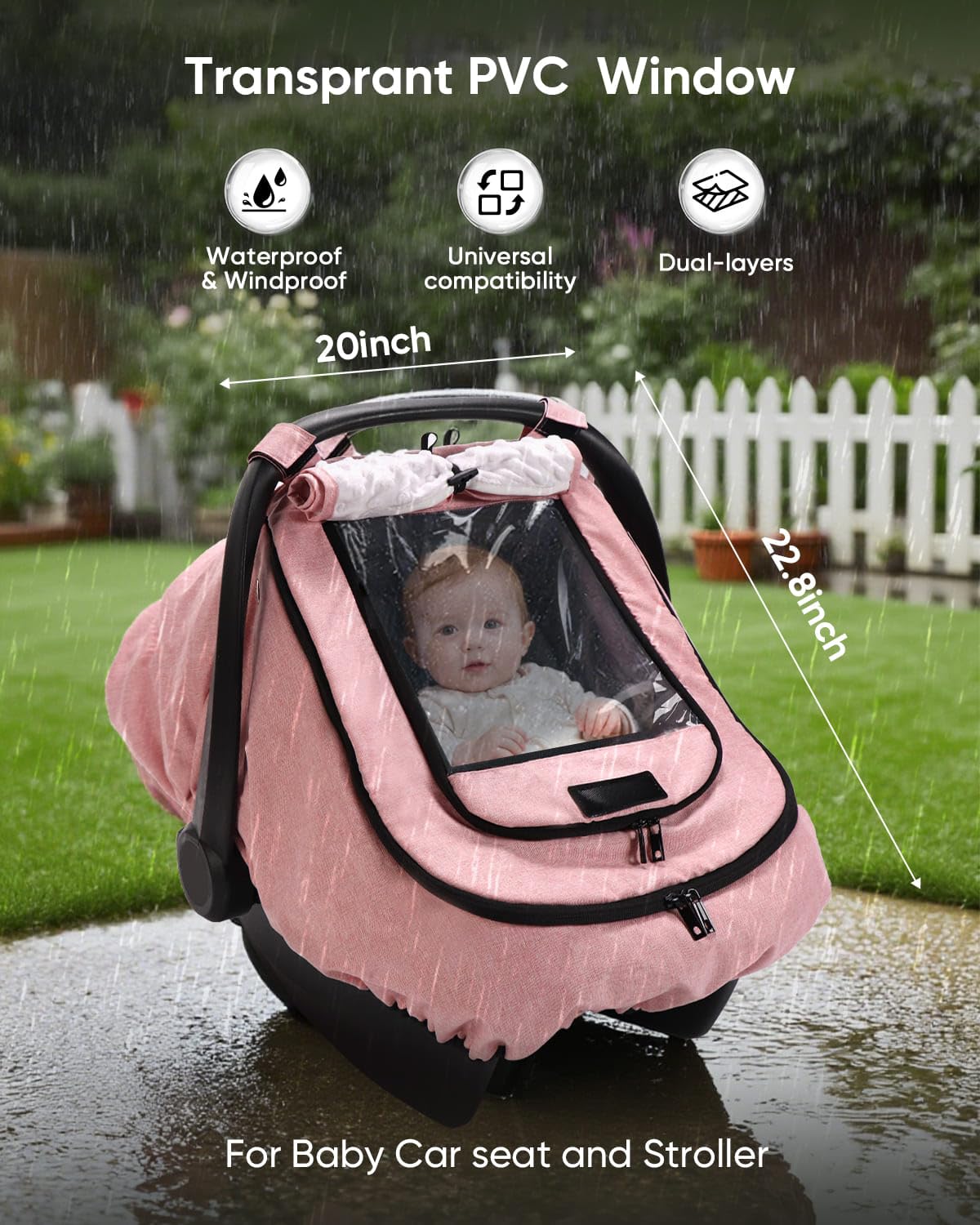 Waterproof Baby Car Seat Cover Canopy for All Weather - Pink
