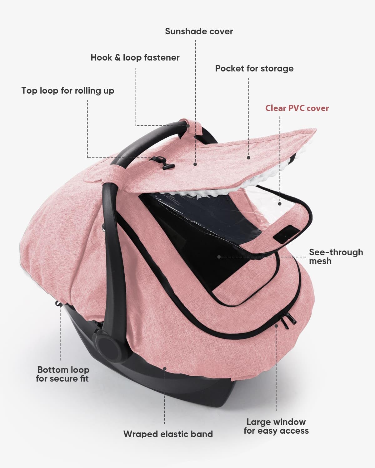 Waterproof Baby Car Seat Cover Canopy for All Weather - Pink