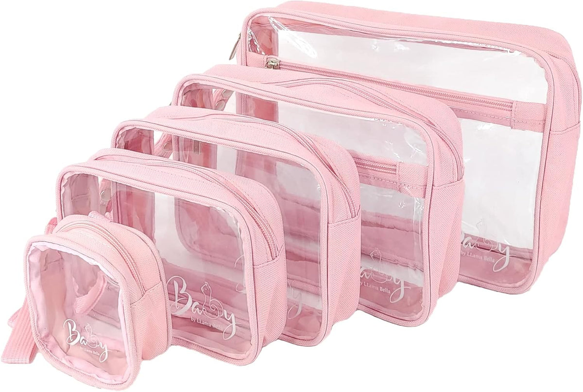 5 Piece Diaper Bag Organizer Pouch Set, Clear with Straps and Pacifier Case - Pink