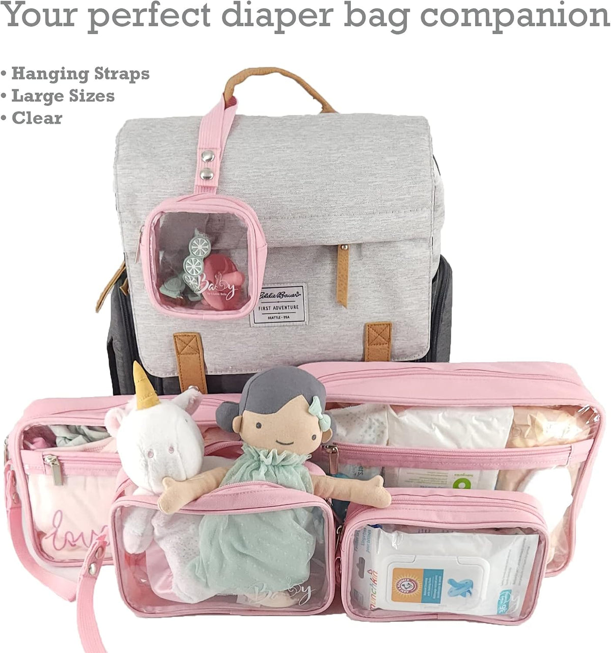 5 Piece Diaper Bag Organizer Pouch Set, Clear with Straps and Pacifier Case - Pink