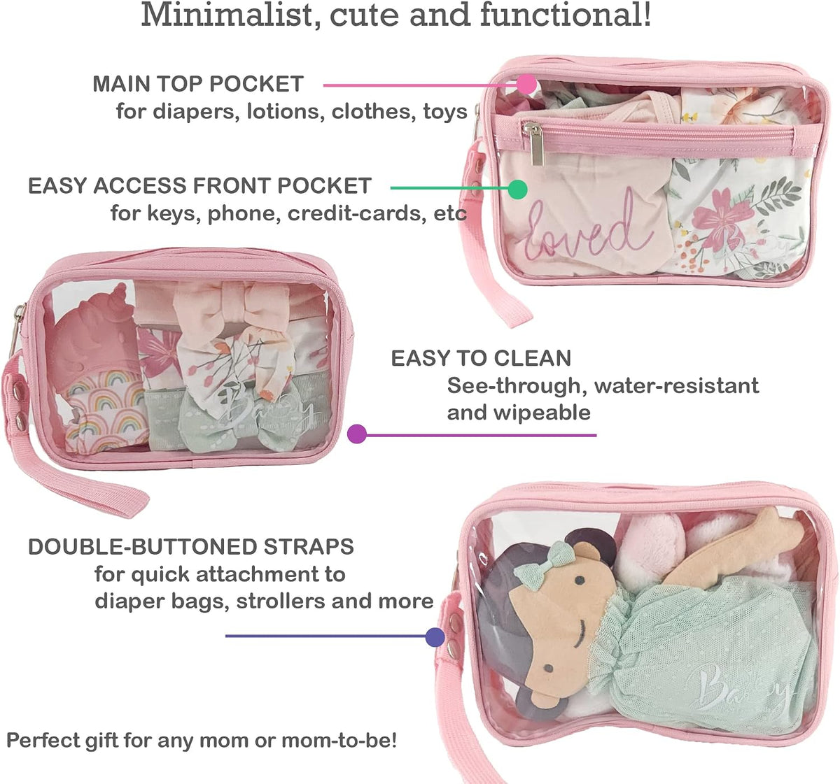 5 Piece Diaper Bag Organizer Pouch Set, Clear with Straps and Pacifier Case - Pink