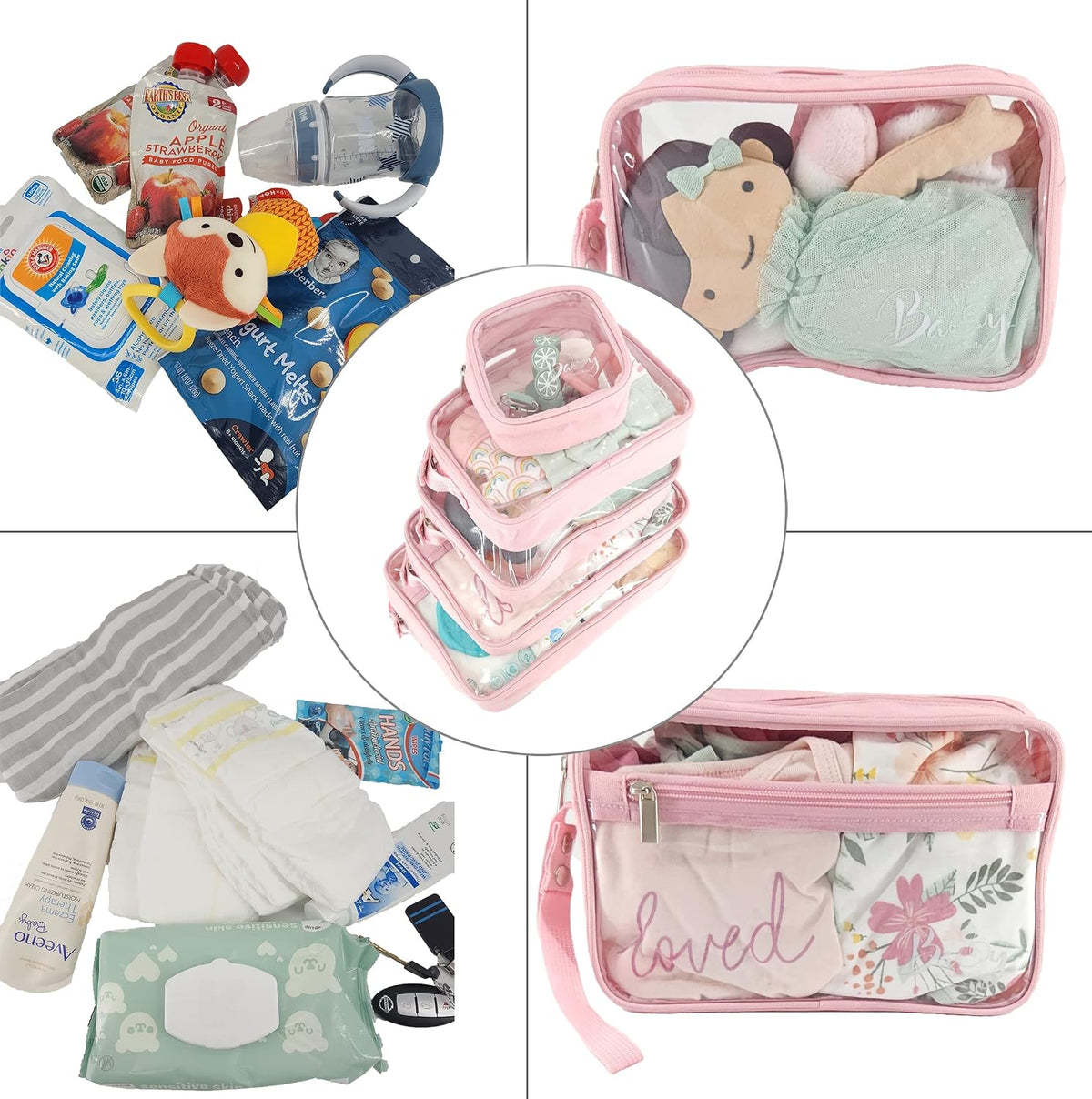 5 Piece Diaper Bag Organizer Pouch Set, Clear with Straps and Pacifier Case - Pink
