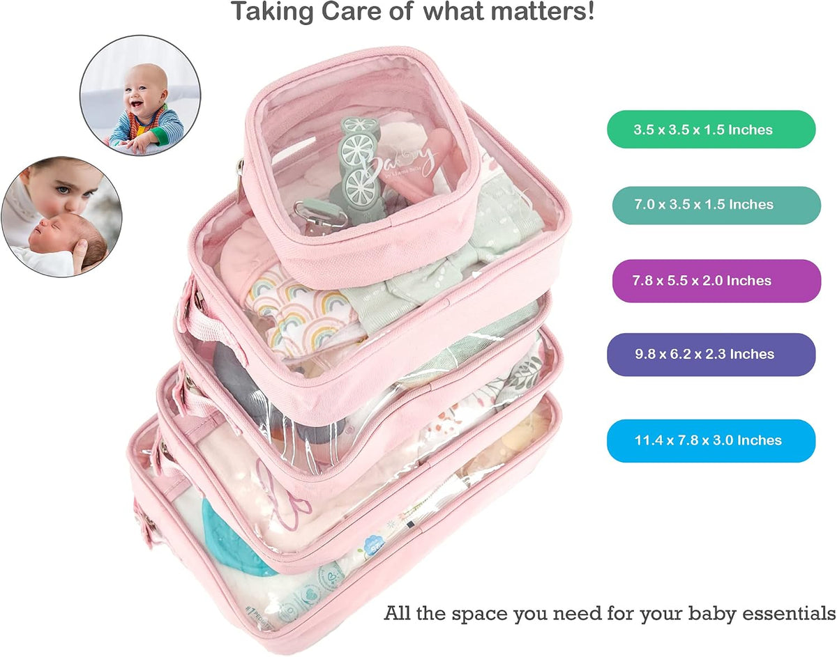 5 Piece Diaper Bag Organizer Pouch Set, Clear with Straps and Pacifier Case - Pink