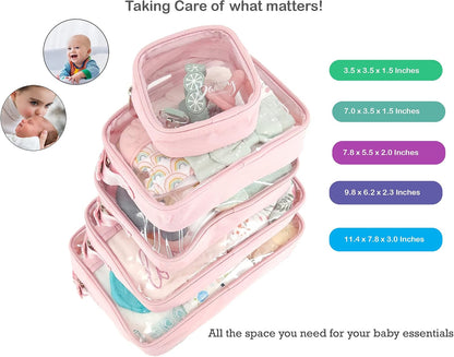 5 Piece Diaper Bag Organizer Pouch Set, Clear with Straps and Pacifier Case - Pink