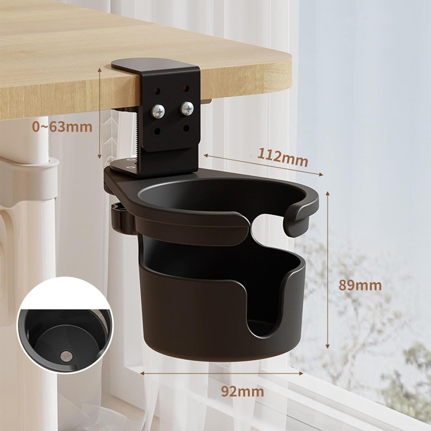 Desk Cup Holder Clamp, 3 Height Adjustable, 360° Rotation | Table Cup Holder, Anti-Spill Design, Space Saving, Universal, for Mugs, Water Bottles, Vacuum Cups, for Office Home