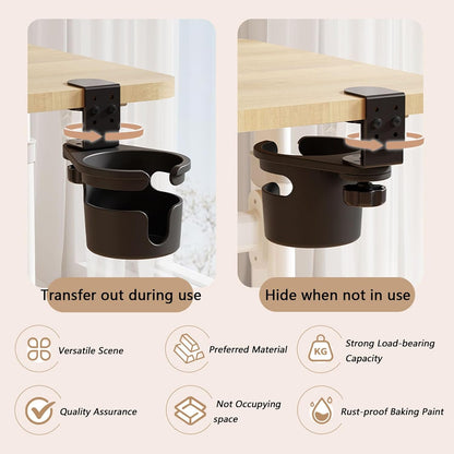 Desk Cup Holder Clamp, 3 Height Adjustable, 360° Rotation | Table Cup Holder, Anti-Spill Design, Space Saving, Universal, for Mugs, Water Bottles, Vacuum Cups, for Office Home