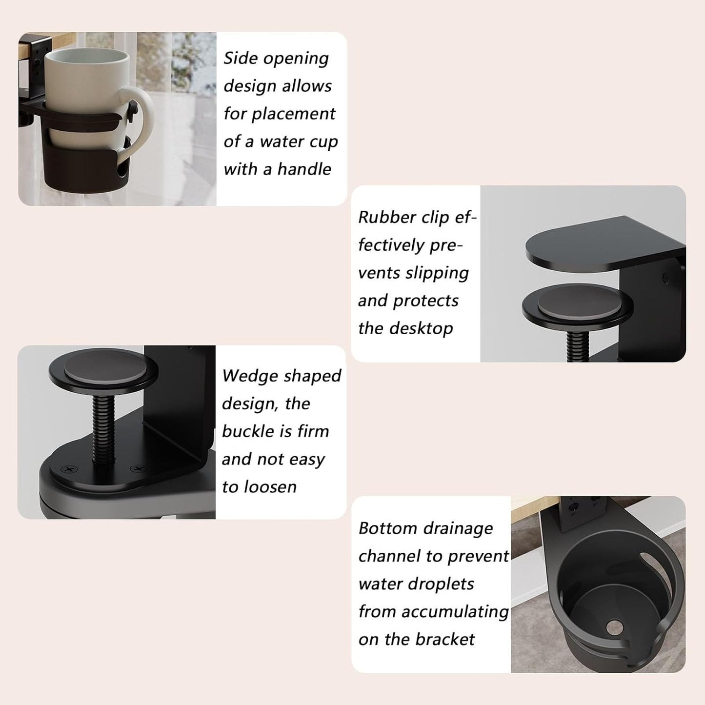 Desk Cup Holder Clamp, 3 Height Adjustable, 360° Rotation | Table Cup Holder, Anti-Spill Design, Space Saving, Universal, for Mugs, Water Bottles, Vacuum Cups, for Office Home