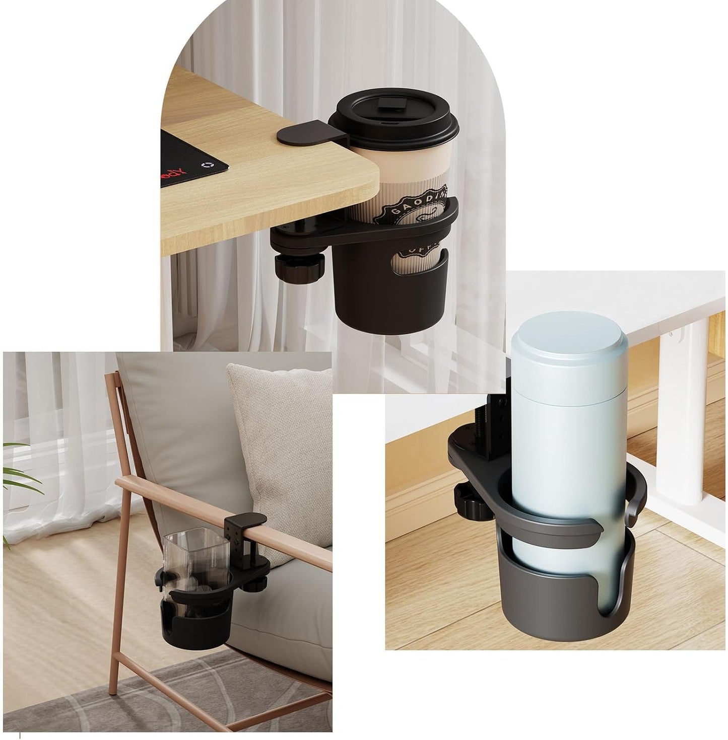 Desk Cup Holder Clamp, 3 Height Adjustable, 360° Rotation | Table Cup Holder, Anti-Spill Design, Space Saving, Universal, for Mugs, Water Bottles, Vacuum Cups, for Office Home