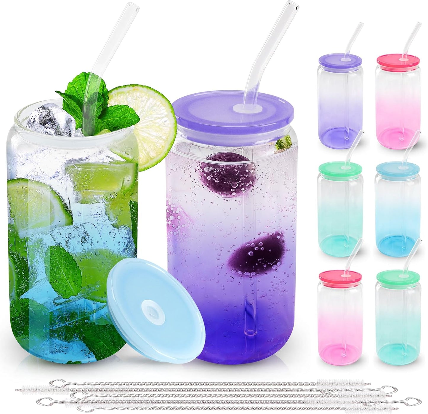 12 Set 16oz Gradient Glass Cups with Acrylic Lids and Straws Bulk | Can-shaped coffee cups drinking glasses for cafés, events, wedding favors, brunch tables, iced drinks and housewarming gifts