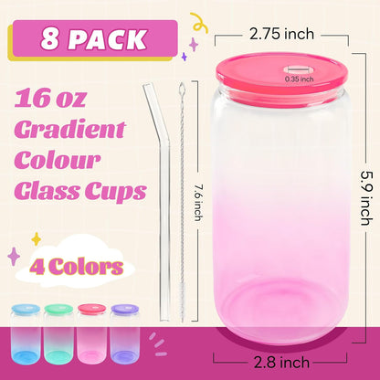 12 Set 16oz Gradient Glass Cups with Acrylic Lids and Straws Bulk | Can-shaped coffee cups drinking glasses for cafés, events, wedding favors, brunch tables, iced drinks and housewarming gifts