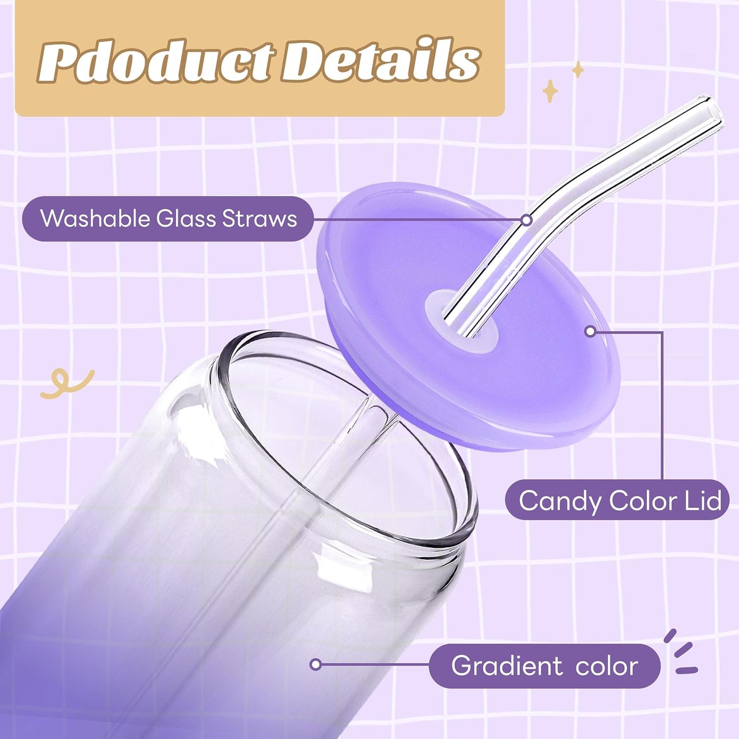 12 Set 16oz Gradient Glass Cups with Acrylic Lids and Straws Bulk | Can-shaped coffee cups drinking glasses for cafés, events, wedding favors, brunch tables, iced drinks and housewarming gifts