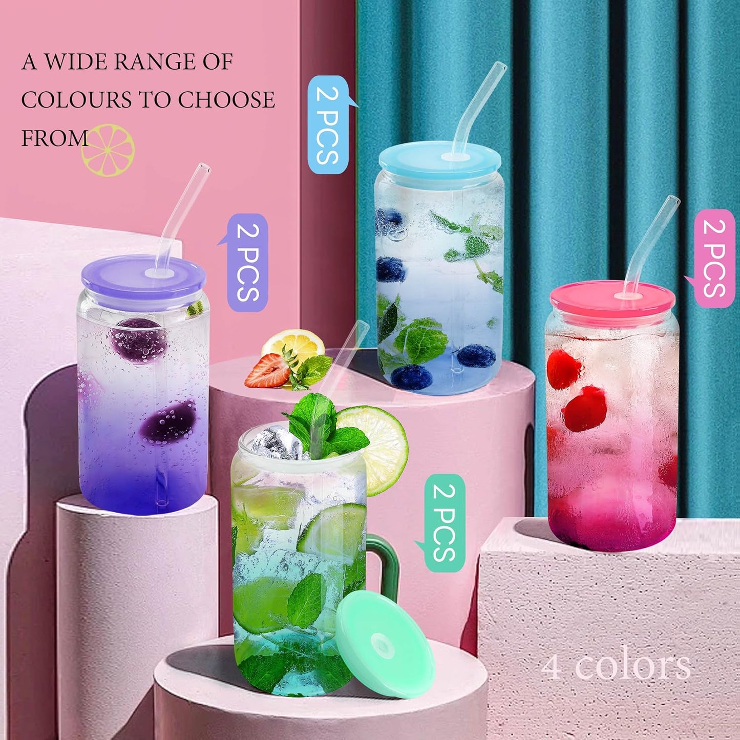 12 Set 16oz Gradient Glass Cups with Acrylic Lids and Straws Bulk | Can-shaped coffee cups drinking glasses for cafés, events, wedding favors, brunch tables, iced drinks and housewarming gifts